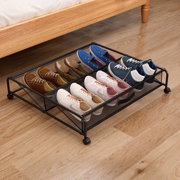 Shoe Rack Bed Bottom Storage Rack Multifunctional Wrought Iron Storage Box Storage Mesh with Pulleys for Shoe Organization