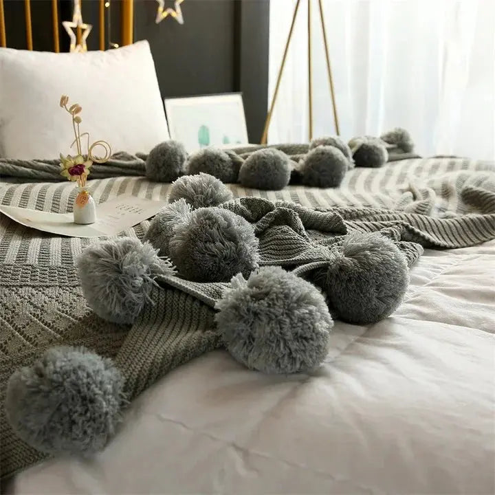 Cotton Cashmere Crochet Beach Travel Swaddle Plaid Blanket Warm Fluffy Ball Nordic Solid Color Throw Camping Blankets