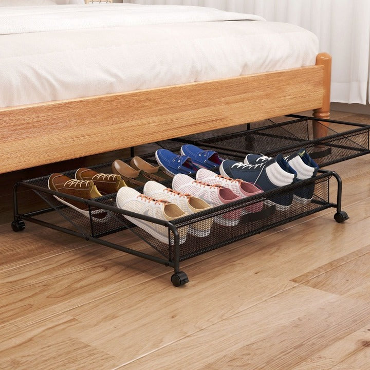 Shoe Rack Bed Bottom Storage Rack Multifunctional Wrought Iron Storage Box Storage Mesh with Pulleys for Shoe Organization