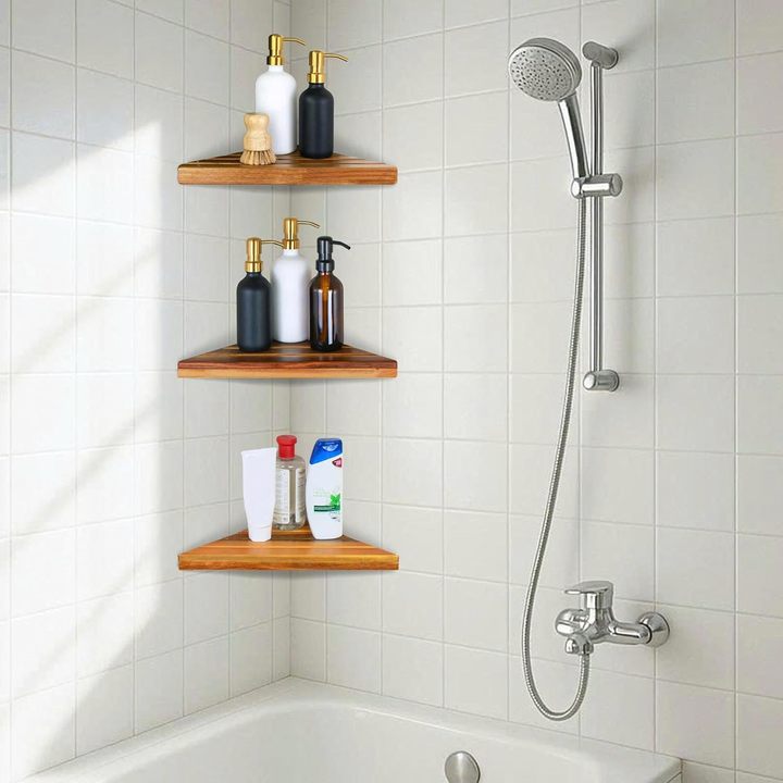 Acacia 2,3 Tiers Corner Shower Shelf, Triangular Corner Shelf Wooden Bathroom Shelf for Tiled Wall, Shower Corner Shelf