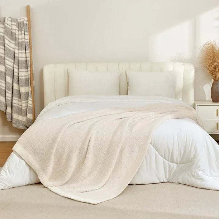 Snuggle Sac Buttery Ivory Throw Blanket for Couch, Reversible Super Soft Knitted Blankets, Cozy Knit Fuzzy Plush Lightweight.