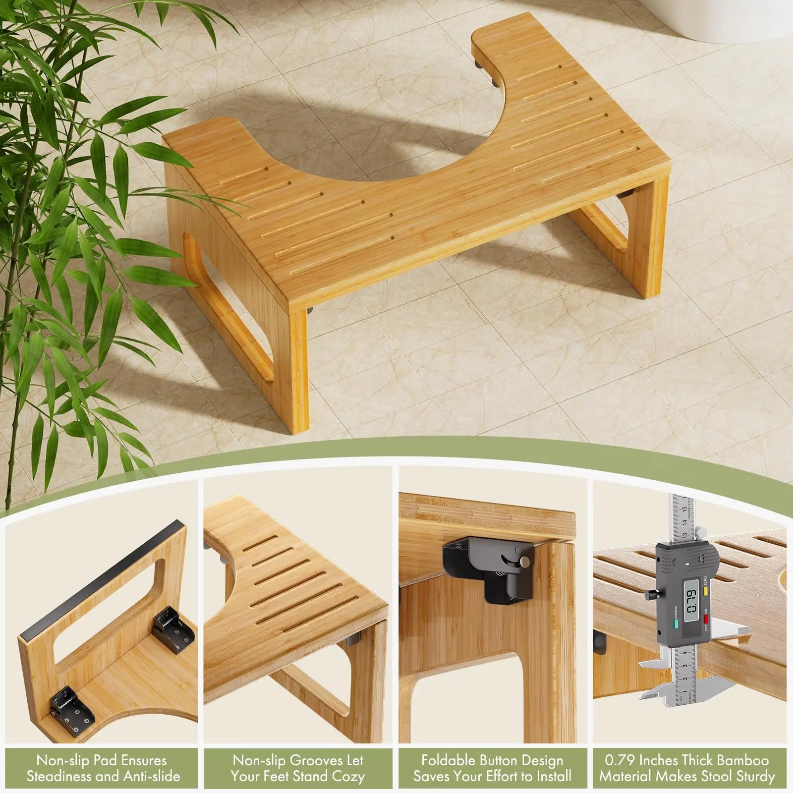 Goodinary® Bamboo Foldable Toilet Stool with Non Slip Base - Goodinary