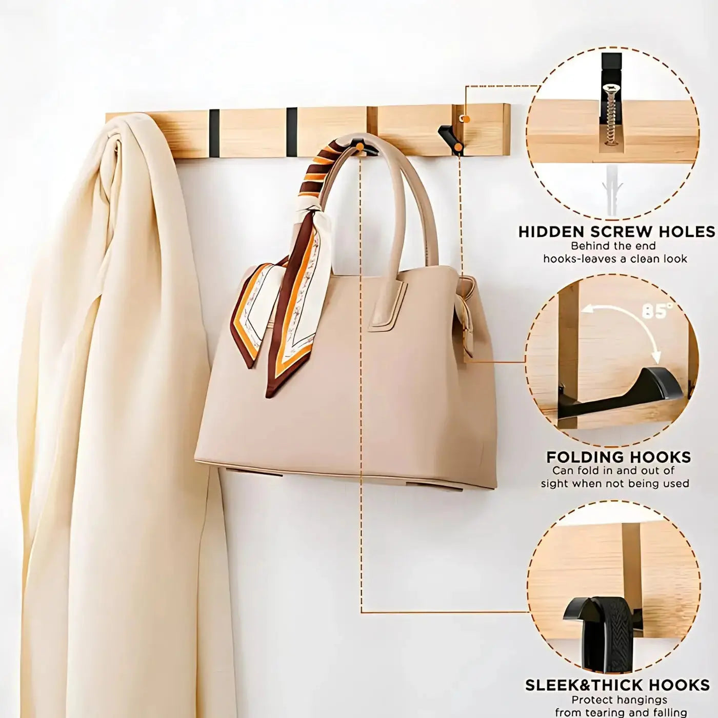 Goodinary® Wooden Wall Mounted Coat Rack with Flip Hooks - Goodinary