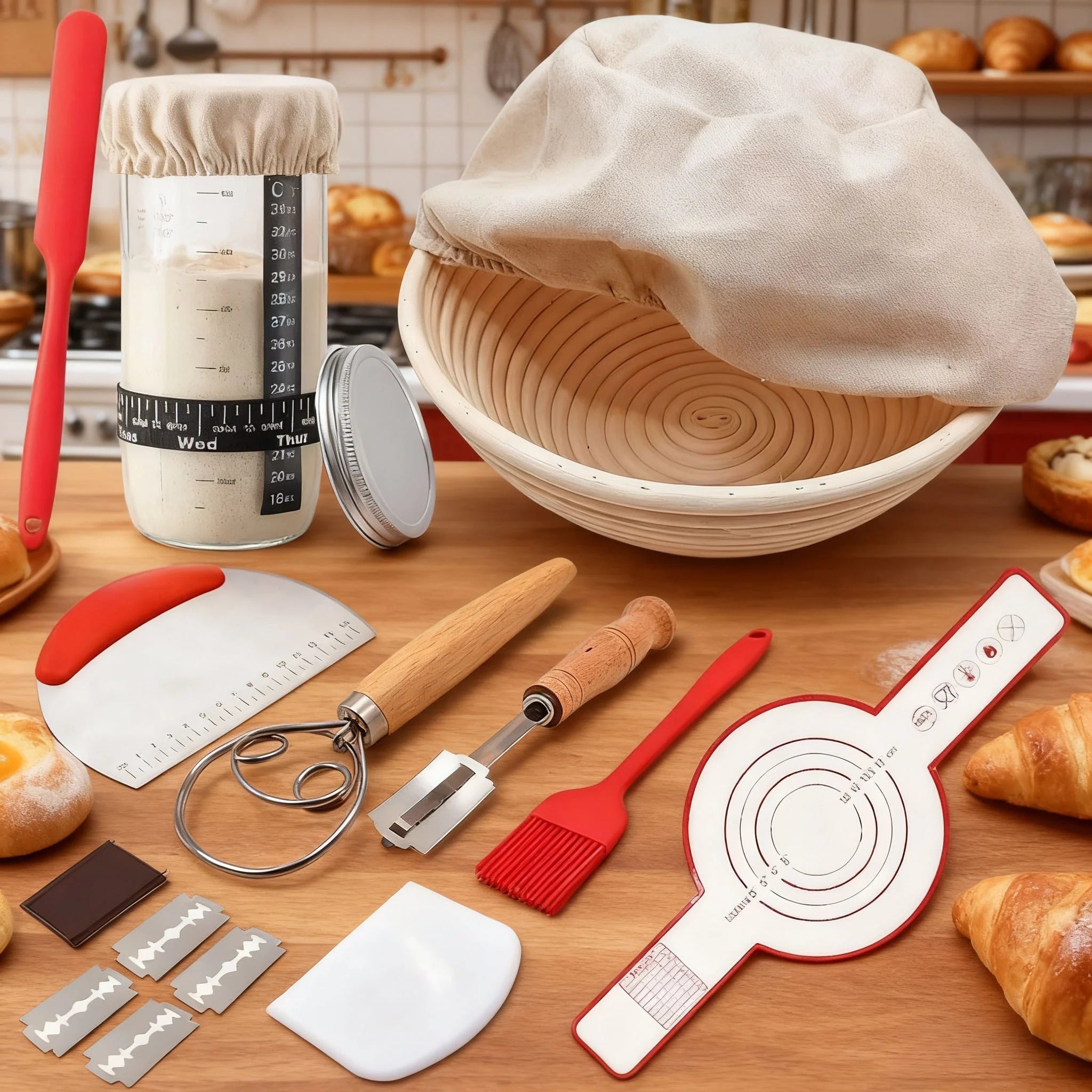 19PC Professional Complete Sourdough Starter Kit Banneton Bread Proofing Basket with Glass Sourdough Starter Jar for Home Baking