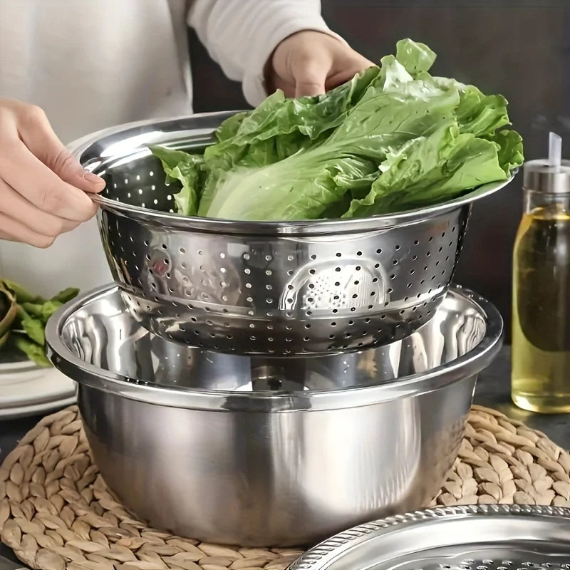 3pcs Kitchen Kit with Stainless Steel Multifunctional Mixing Bowl Vegetable Slicer - Suitable for Cleaning and Slicing Fruits