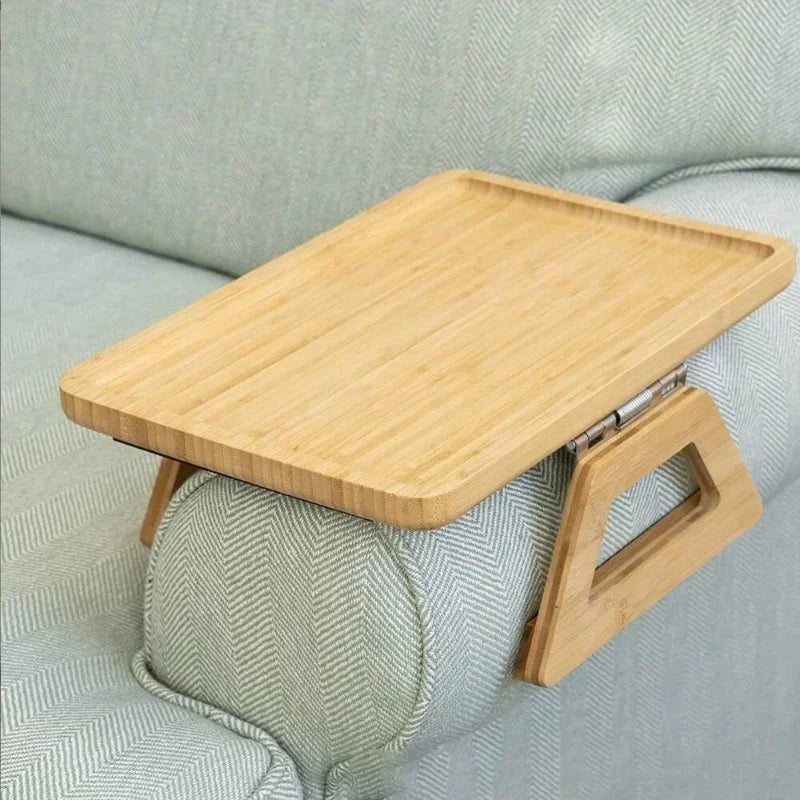 Foldable Sofa Tray Table Natural Wooden Sofa Armrest Clip-On Tray Household Portable Armrest Tray for Snacks Drinks Coffe Plate