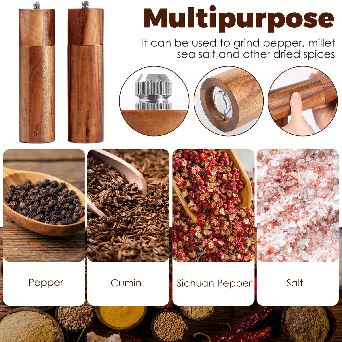 2 Pcs Wooden Pepper Grinder Manual Spice Grinder Adjustable Coarseness Sea Salt Grinders Bottles for Cooking Kitchen Accessories