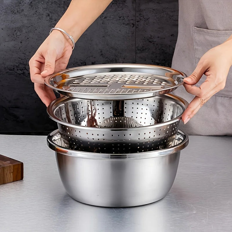 3pcs Kitchen Kit with Stainless Steel Multifunctional Mixing Bowl Vegetable Slicer - Suitable for Cleaning and Slicing Fruits