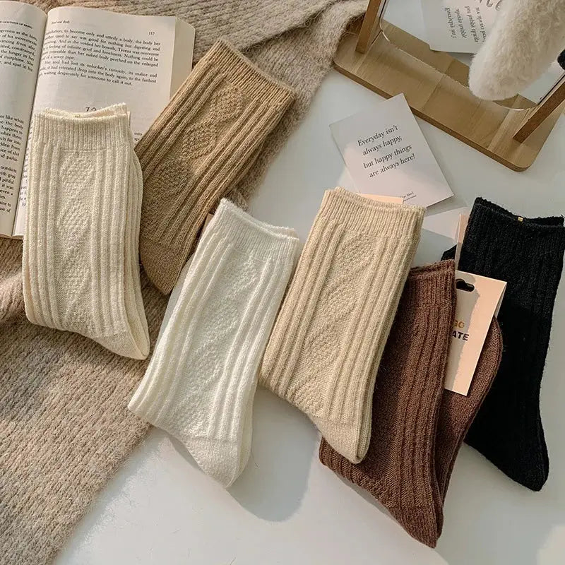 6 Pairs/Lot New Cashmere Wool Socks Women's Winter Thicken Warm Black White Pack Set Thermal Japanese Fashion Solid Color