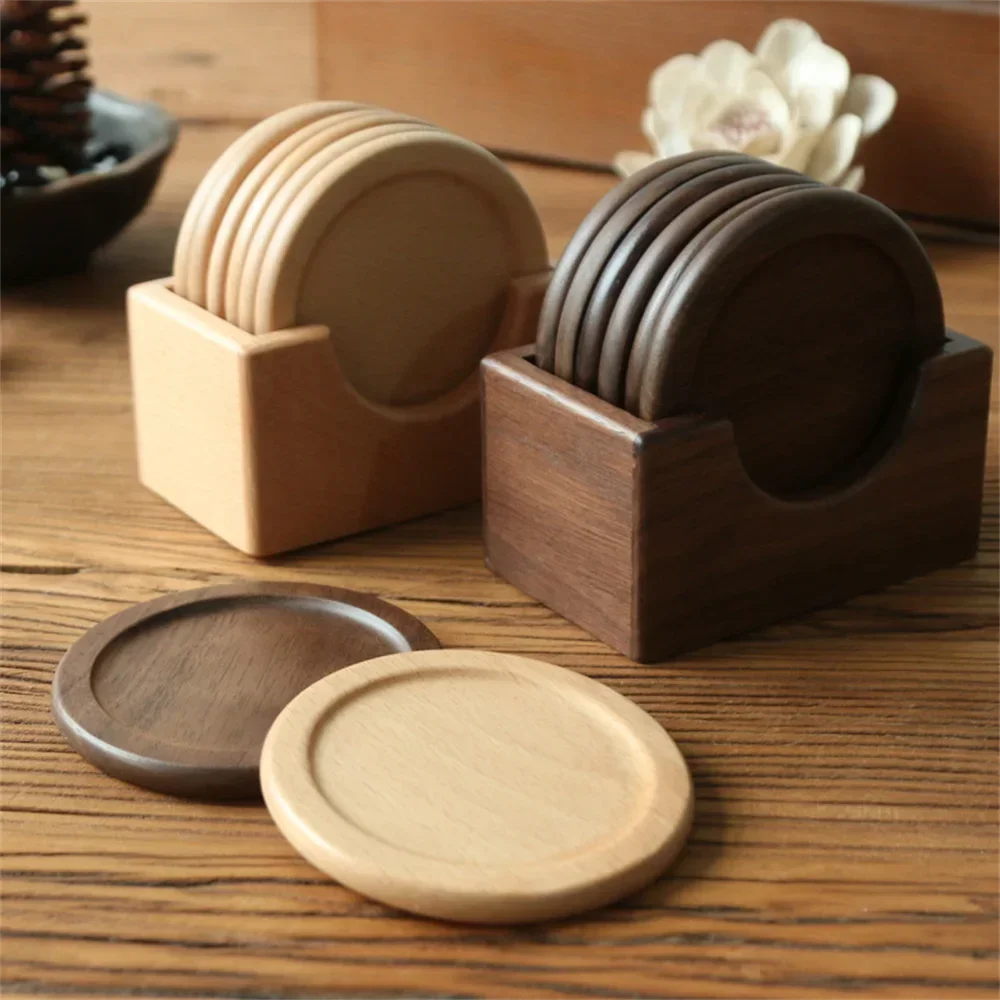 6pcs/set Solid Walnut Wood Coaster Round Square Beech Blank Wood Cup Mat Durable Heat Resistant Tea Coffee Cup Pad Placemats