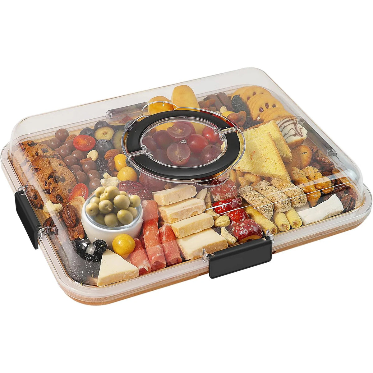 Bamboo Cheese Tray Secure Snap-On Acrylic Lid Portable Recycled Wood Serving Platter Camping Parties Restaurants Charcuterie