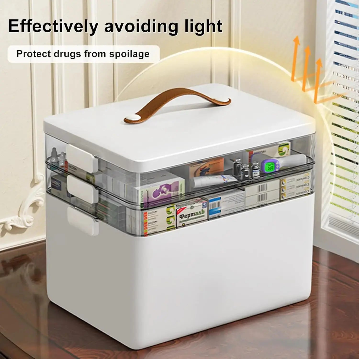 Portable Medicine Cabinet with Leather Handle, 3-Tier Medicine Organizer, Empty First Aid Kit for Home