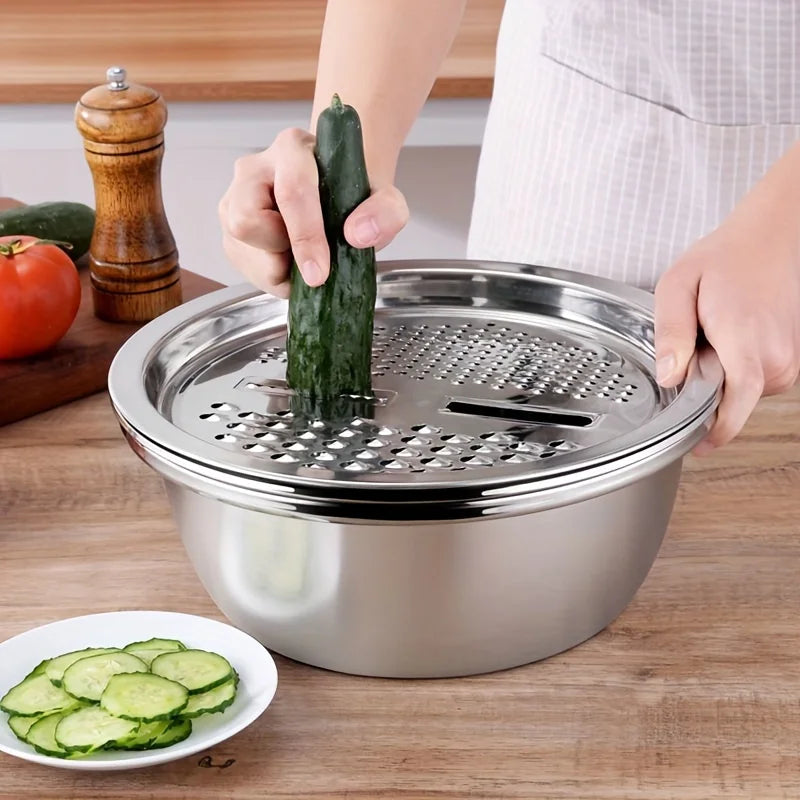 3pcs Kitchen Kit with Stainless Steel Multifunctional Mixing Bowl Vegetable Slicer - Suitable for Cleaning and Slicing Fruits