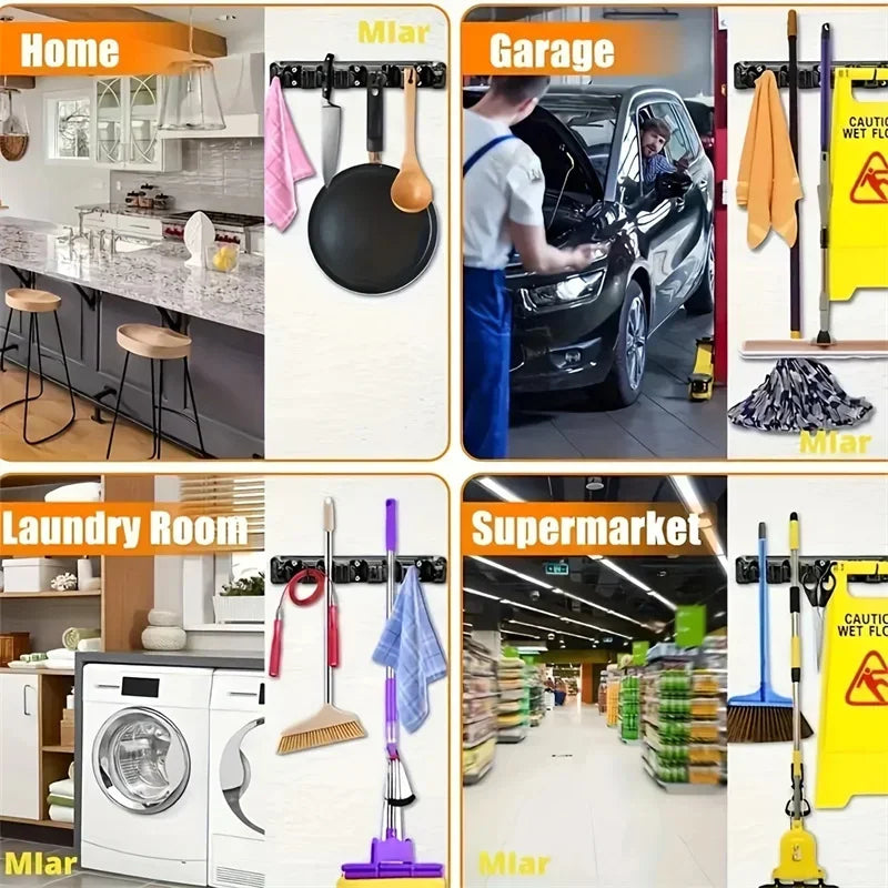 Wall Mounted Mop Holder 3/4/5 Position Multi-Functional Broom Hanger Shelf Home Kitchen Storage Black Magic Plastic Mop Holder