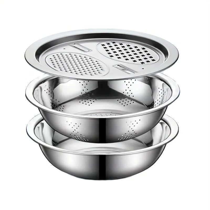 3pcs Kitchen Kit with Stainless Steel Multifunctional Mixing Bowl Vegetable Slicer - Suitable for Cleaning and Slicing Fruits