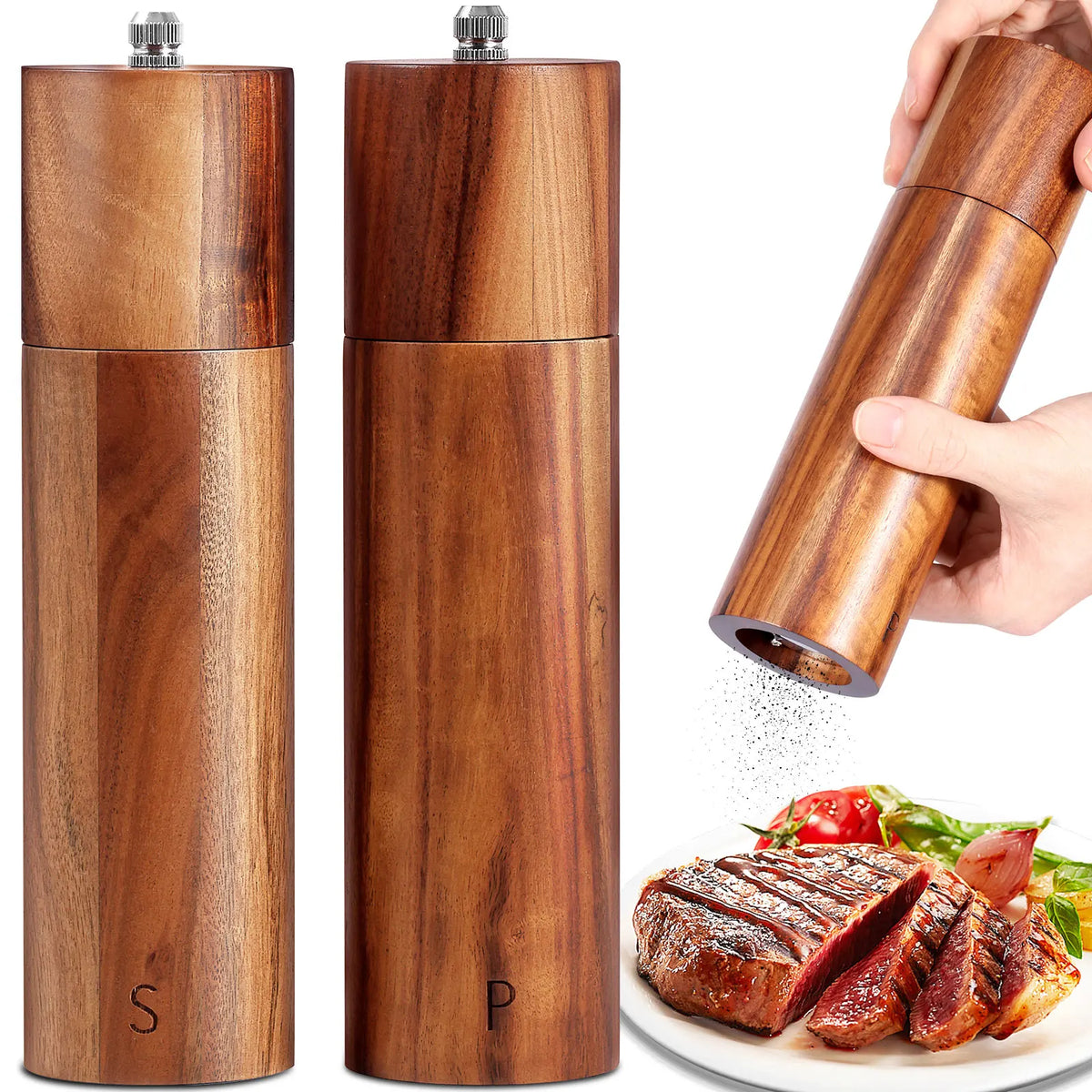 2 Pcs Wooden Pepper Grinder Manual Spice Grinder Adjustable Coarseness Sea Salt Grinders Bottles for Cooking Kitchen Accessories