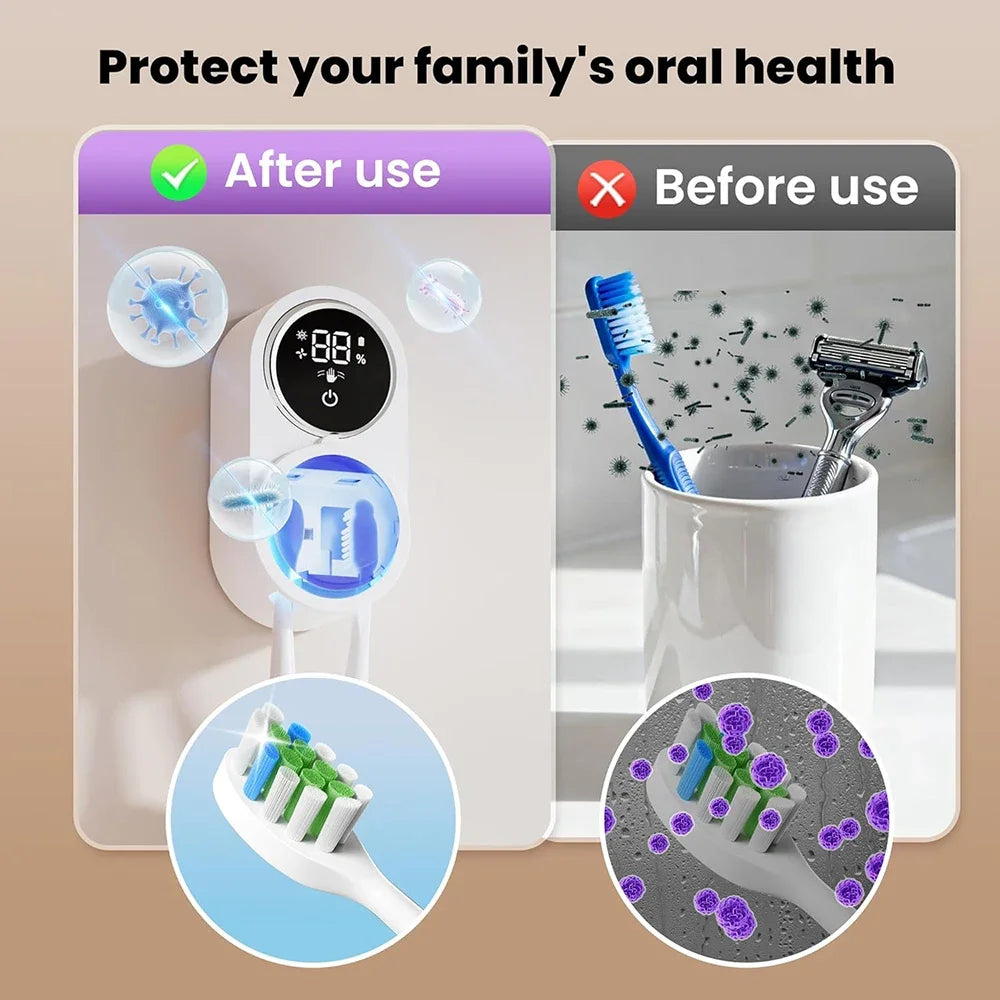 Toothbrush Holder Cleaner Razor Holder/Dryer Light Cleaning and Air Drying Automatic Ratating Cover Rechargeable Wall Mounted