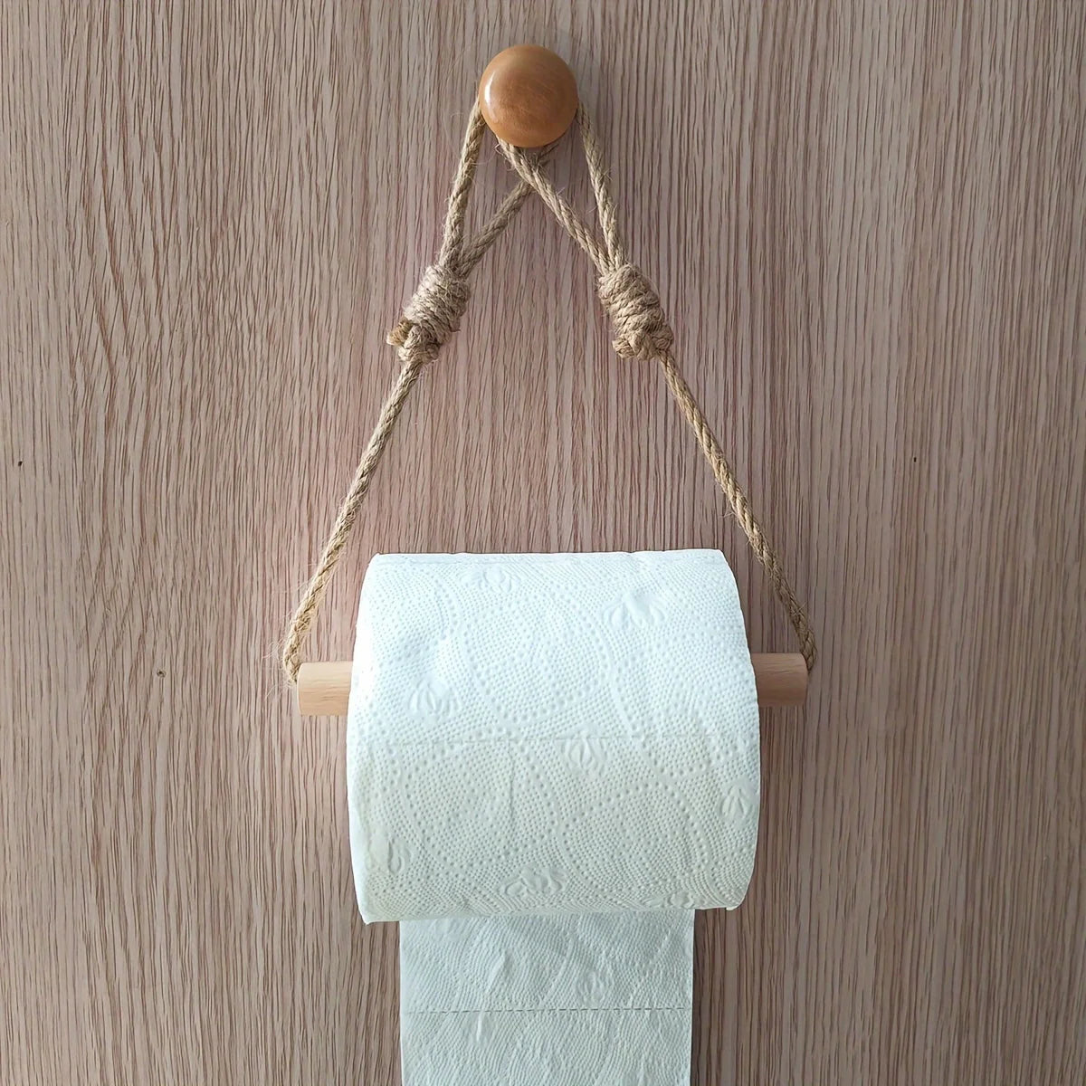 1PC Rustic Hemp Rope and Wooden Stick Toilet Paper Holder - Wall-Mounted,Decorative Bathroom Tissue Dispense