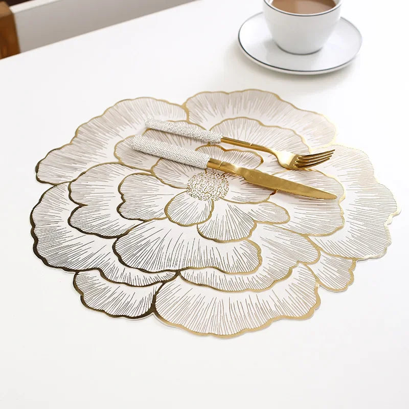Creative Peony Placemat Nordic Style Dinning Table Decorative Mat Gold Plated Home Coasters PVC Anti Slip Waterproof Meal Mat