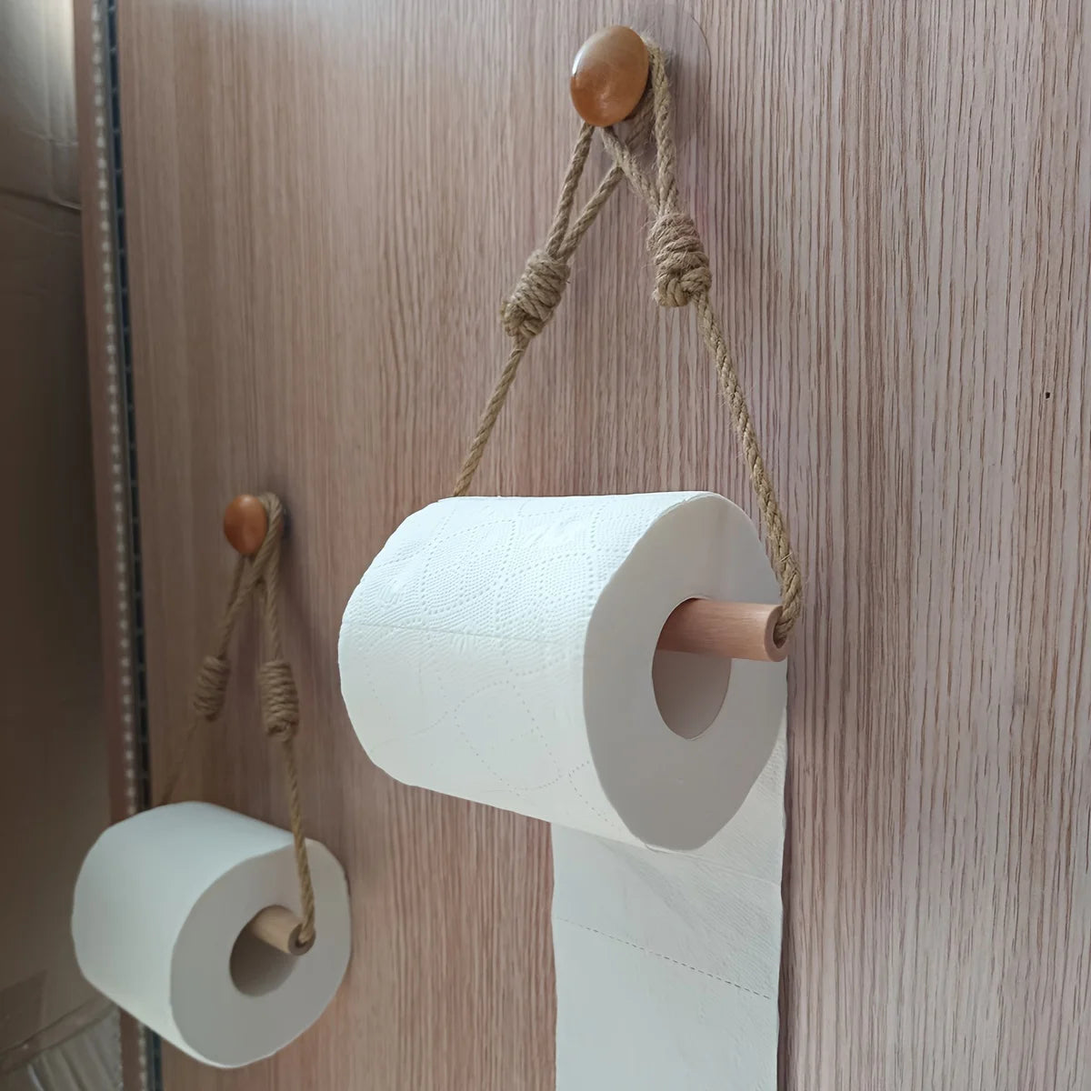 1PC Rustic Hemp Rope and Wooden Stick Toilet Paper Holder - Wall-Mounted,Decorative Bathroom Tissue Dispense