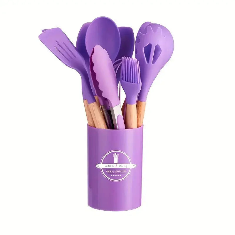 12PCS Wooden Handle Cooking Tool Set Silicone Kitchenware Non-Stick Cookware Kitchen Utensils Set Spatula Shovel Egg Beaters