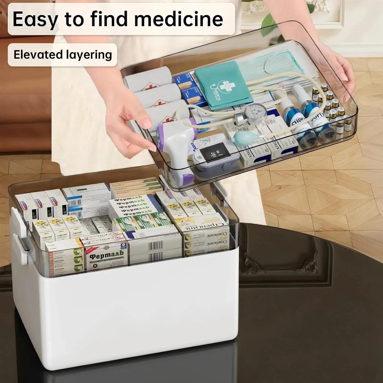 Portable Medicine Cabinet with Leather Handle, 3-Tier Medicine Organizer, Empty First Aid Kit for Home