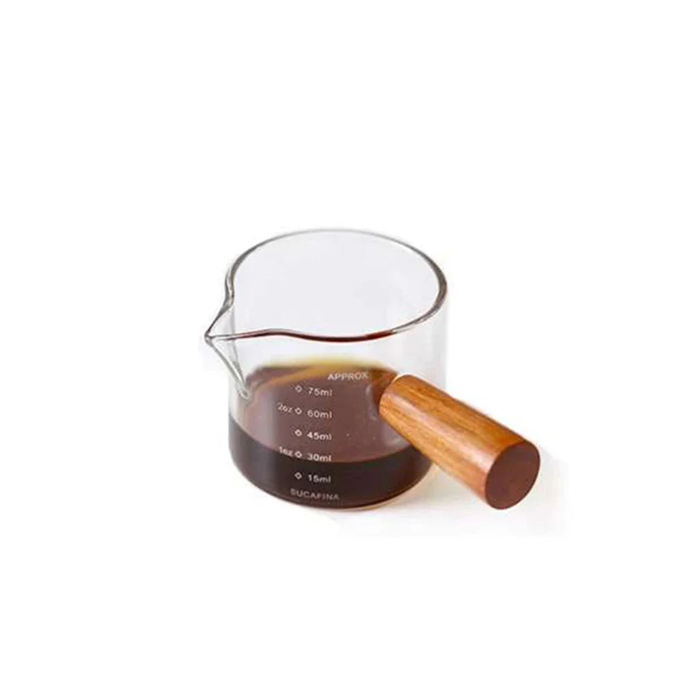 Glass Measuring Cup With Wood Handle 1pc Glass Espresso Measuring Cup Double Single Mouth Milk Coffee Clear Mug Coffee Supplies