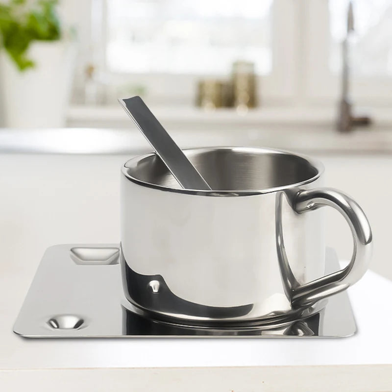 304 Stainless Steel Coffee Cup Set Simple Nordic Mug Heat-resistant Milk Cup with Saucer Spoon Tableware Set Drinkware 175ML Mug