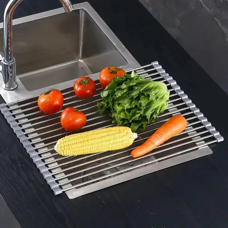 47*24cm Silicone Stainless Steel Sink Draining Rack Kitchen Roller Shutter Tableware Fruit and Vegetable Storage 12 Tubes