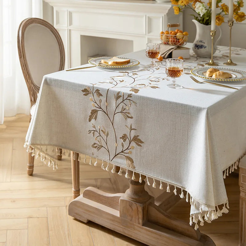 Rustic Cotton Linen Tablecloth, Heavy Weigh Embroidery Table Cloth for Rectangle, Farmhouse Spill-Proof Table Cover with Tassels