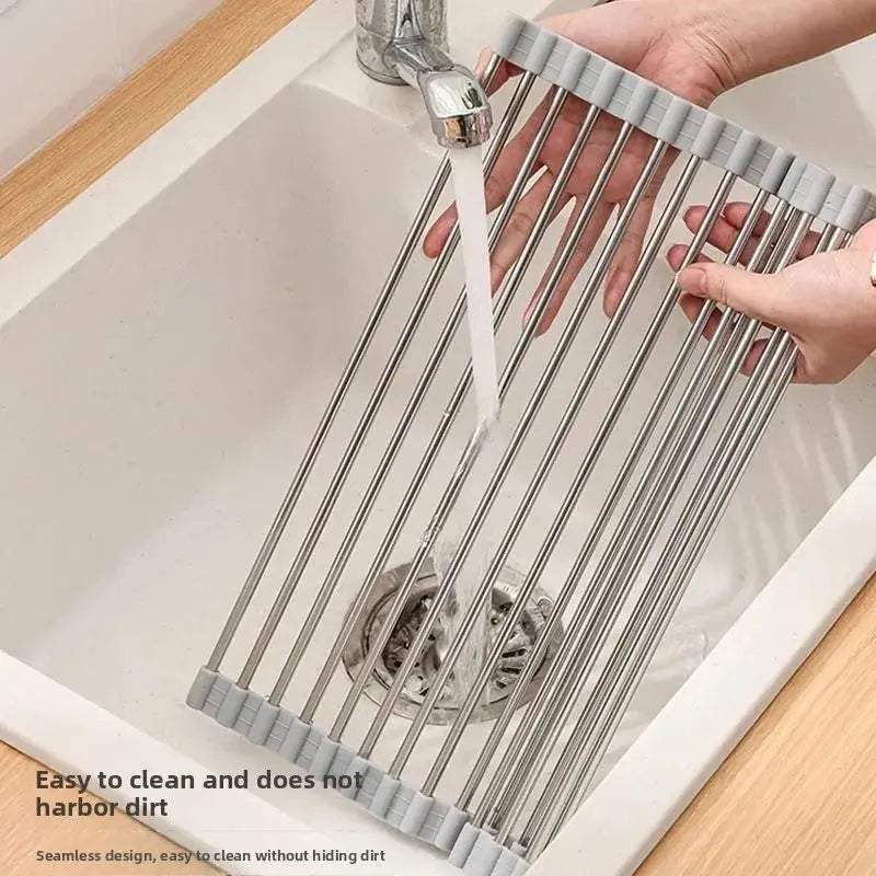 47*24cm Silicone Stainless Steel Sink Draining Rack Kitchen Roller Shutter Tableware Fruit and Vegetable Storage 12 Tubes