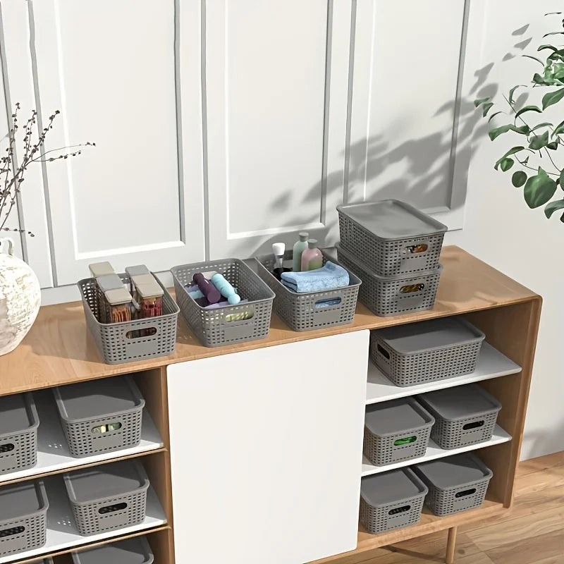 Modern Plastic Storage Baskets with Lid Stacking, Multi-Purpose for Office Desk Bedroom Classroom Organization Container