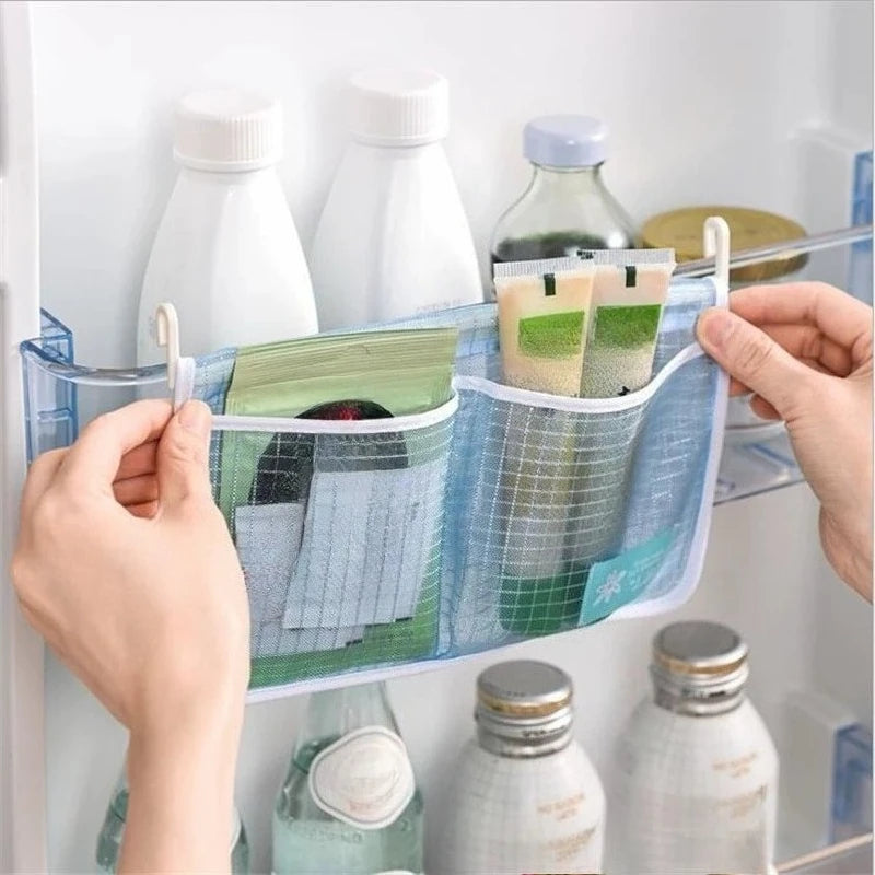 Storage Mesh Bag Refrigerator Organizer Double Compartment Sauce Packet Storage Bag Hanging Net Pouch Kitchen Storage Organizer