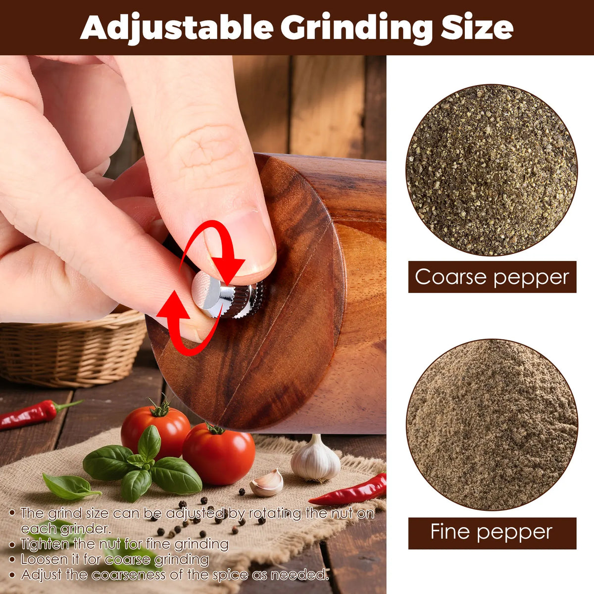 2 Pcs Wooden Pepper Grinder Manual Spice Grinder Adjustable Coarseness Sea Salt Grinders Bottles for Cooking Kitchen Accessories