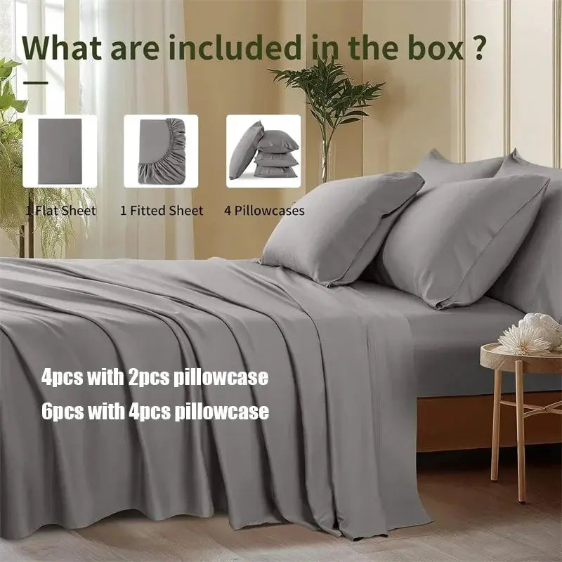 100% Bamboo Bed Sheets Set Luxury Soft, Silky, Breathable Fitted Sheet Flat Top Sheets Pillowcase Hotel 4/6 Pieces Bedding Set