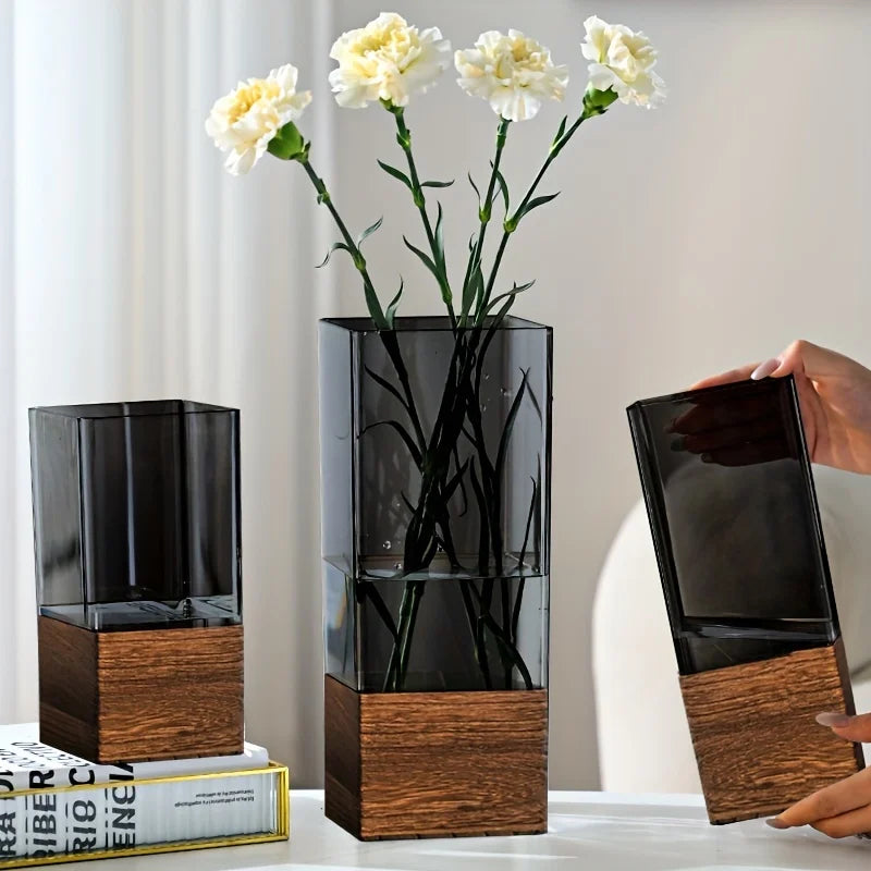 Elegant Nordic-Style Acrylic Vase with Wooden Base - Perfect for Living Room Decor & Floral Arrangements, Ideal Gift for