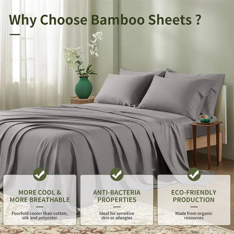 100% Bamboo Bed Sheets Set Luxury Soft, Silky, Breathable Fitted Sheet Flat Top Sheets Pillowcase Hotel 4/6 Pieces Bedding Set