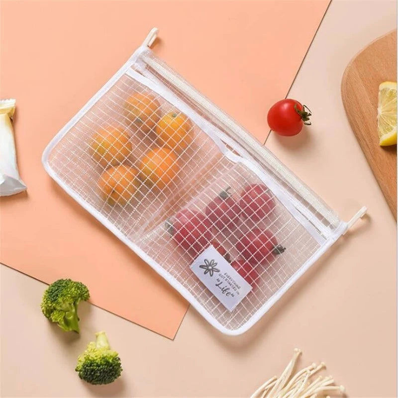 Storage Mesh Bag Refrigerator Organizer Double Compartment Sauce Packet Storage Bag Hanging Net Pouch Kitchen Storage Organizer