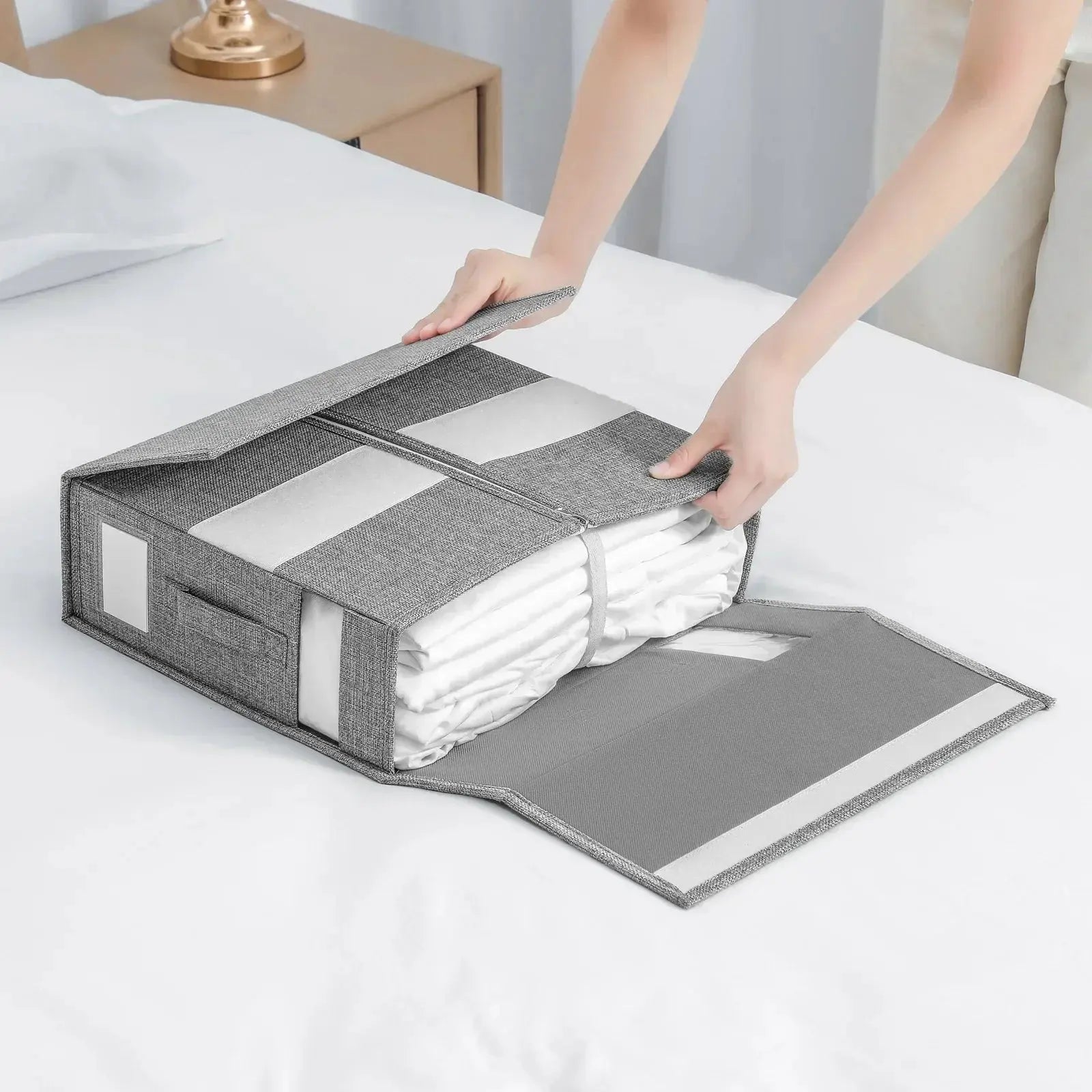 Sheet Set Storage Box Organizer Fabric Folding Window Zipper Blanket Organizer Box Wardrobe Bed Clothes Storage Organizer
