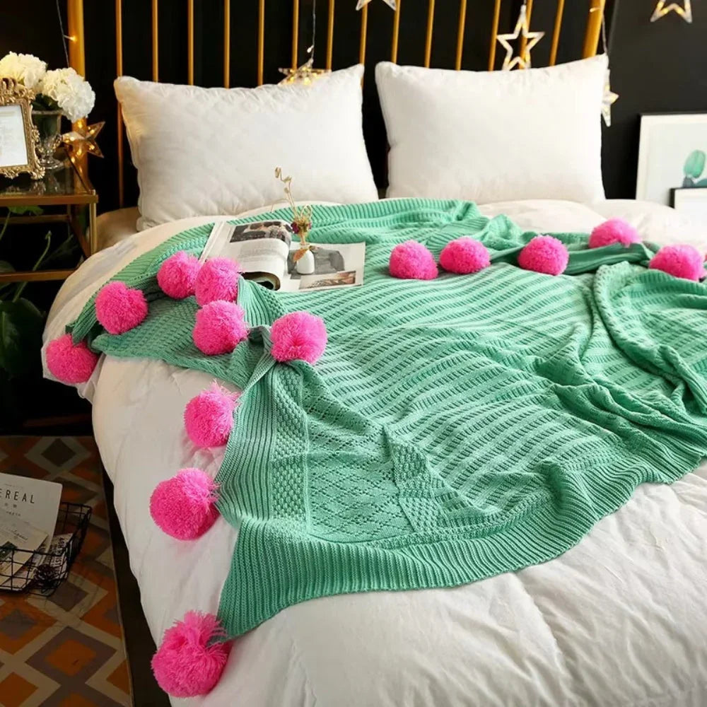 Goodinary® Cotton Cashmere Crochet Pom Ball Blanket