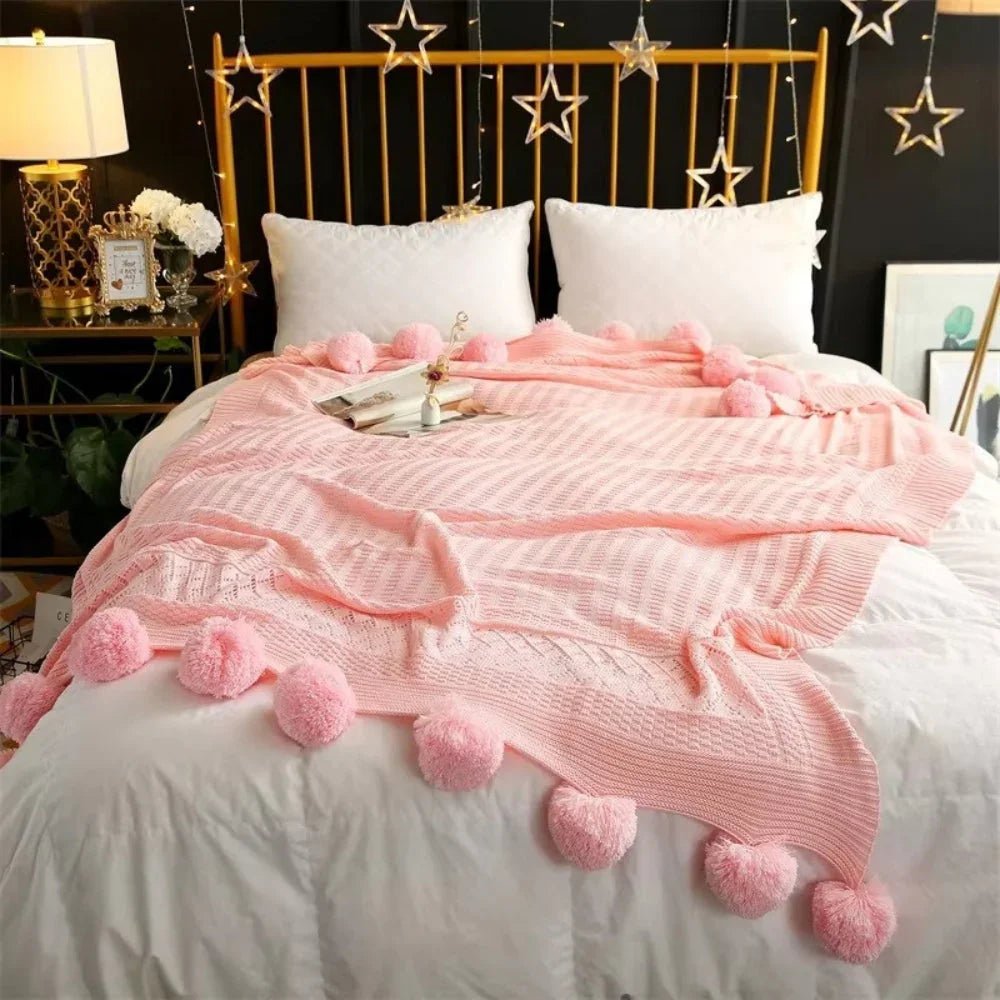 Goodinary® Cotton Cashmere Crochet Pom Ball Blanket