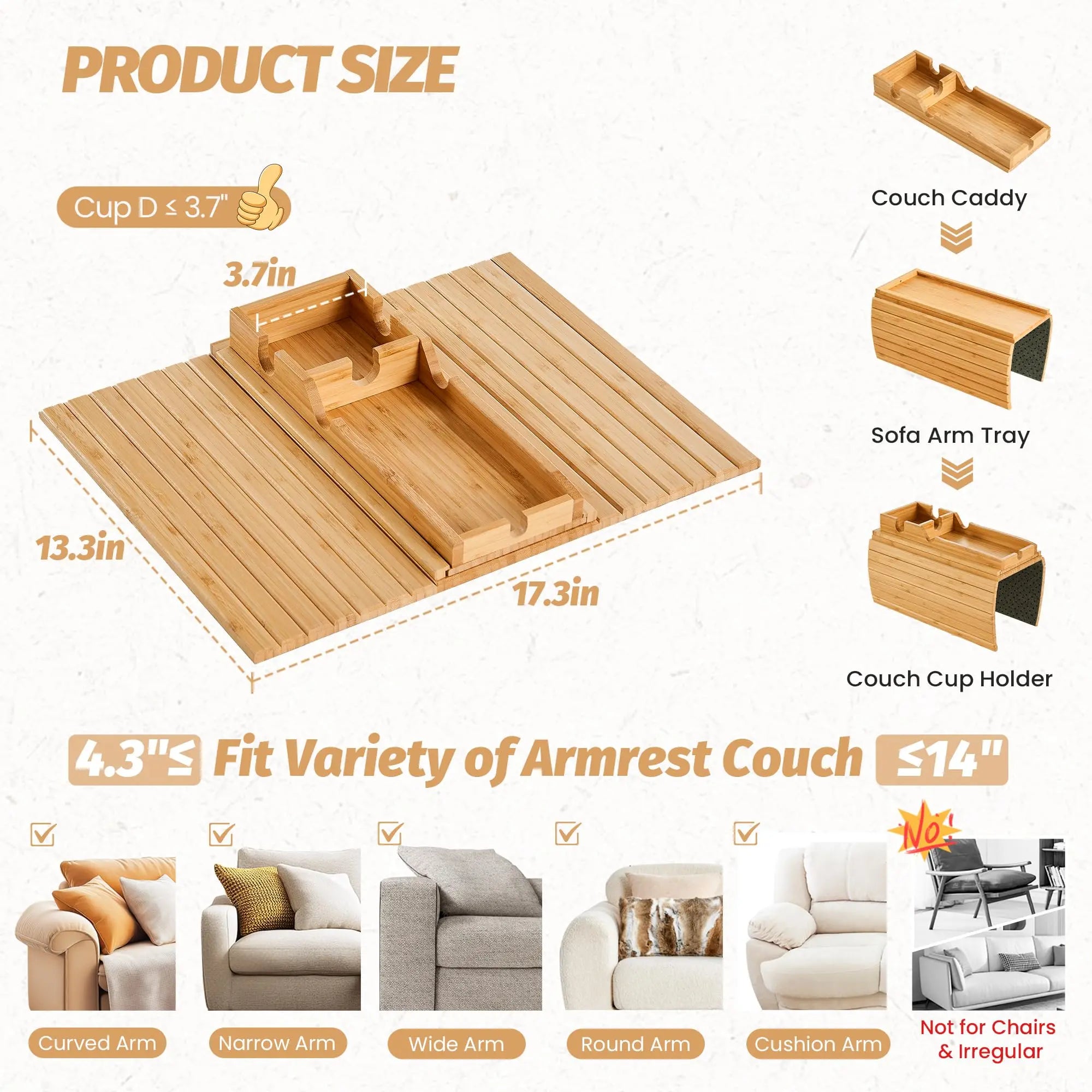 Goodinary® Foldable Bamboo Sofa Armrest Tray Goodinary