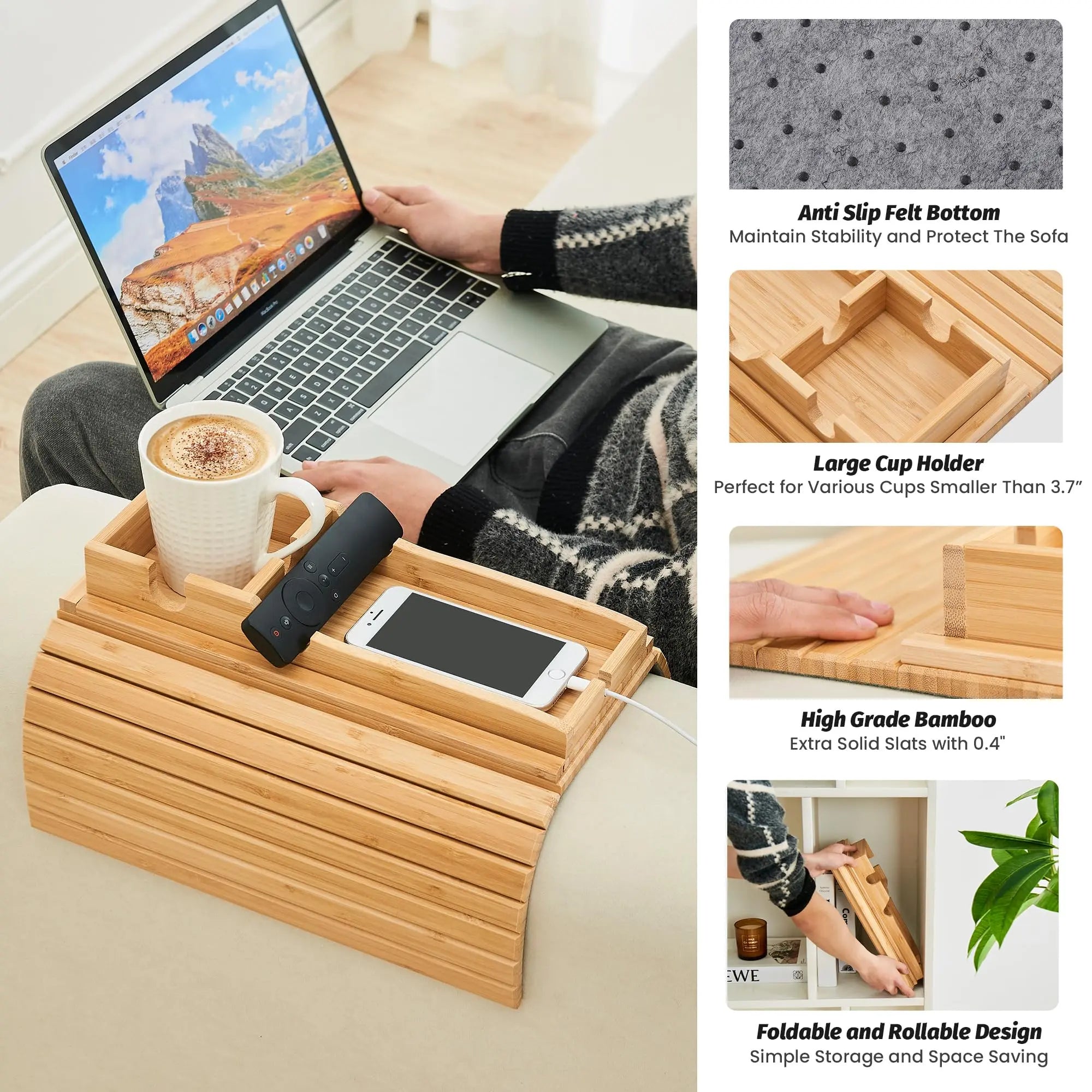 Goodinary® Foldable Bamboo Sofa Armrest Tray Goodinary