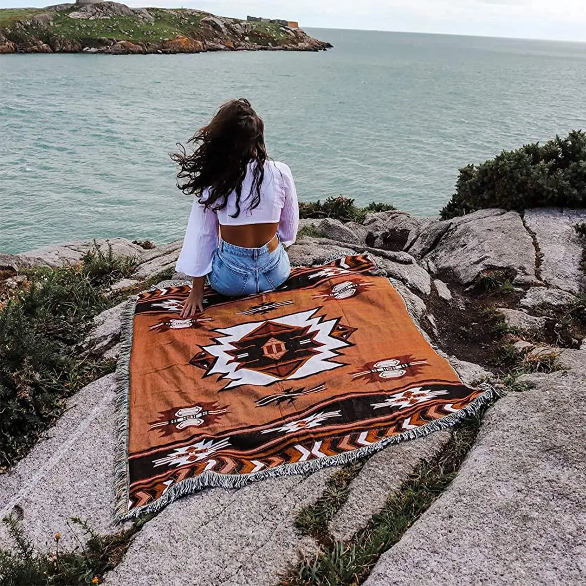 Brown Aztec Reversible Woven Throw Blanket | Cotton Blend Décor Throw