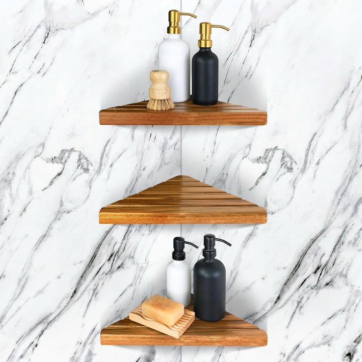 Acacia 2,3 Tiers Corner Shower Shelf, Triangular Corner Shelf Wooden Bathroom Shelf for Tiled Wall, Shower Corner Shelf
