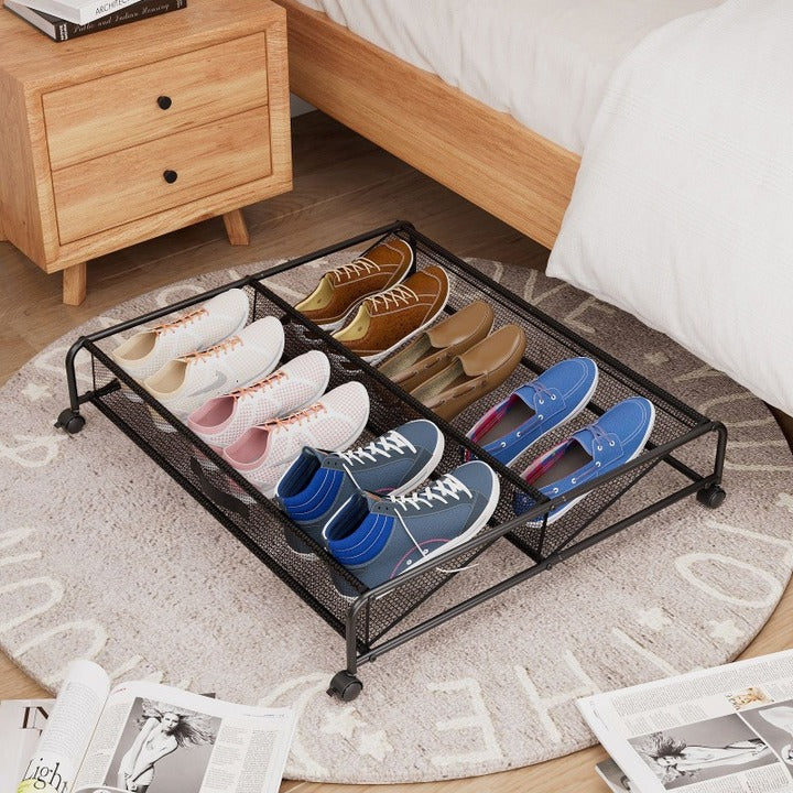 Shoe Rack Bed Bottom Storage Rack Multifunctional Wrought Iron Storage Box Storage Mesh with Pulleys for Shoe Organization