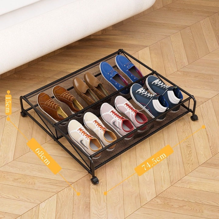 Shoe Rack Bed Bottom Storage Rack Multifunctional Wrought Iron Storage Box Storage Mesh with Pulleys for Shoe Organization