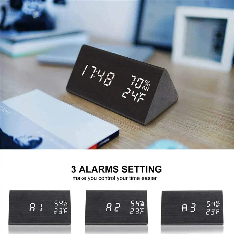 Wooden Alarm Clock Clock LED Time Display USB Charger Humidity and Temperature Detection Digital Alarm Clock For Bedside Table