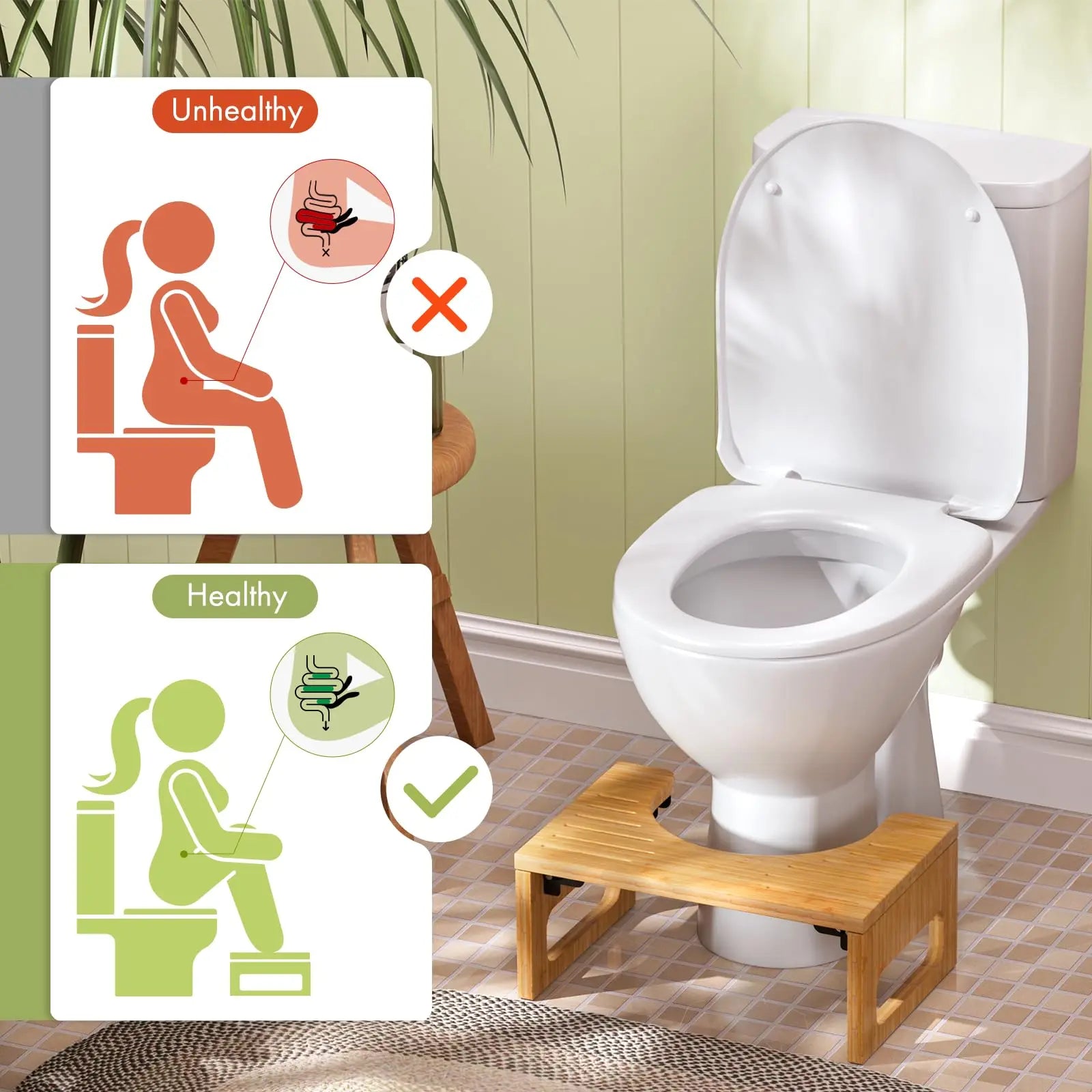 Goodinary® Bamboo Foldable Toilet Stool with Non Slip Base - Goodinary