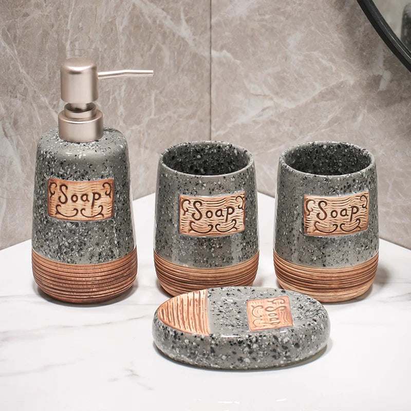 European retro ceramic 4-piece bathroom set high-end lotion bottle toothbrush holder cup soap dish bathroom accessories set
